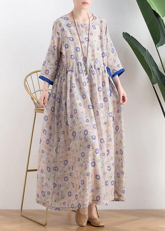 Literary small daisy mid-length dress waist ming 2021 new ramie printed skirt - SooLinen