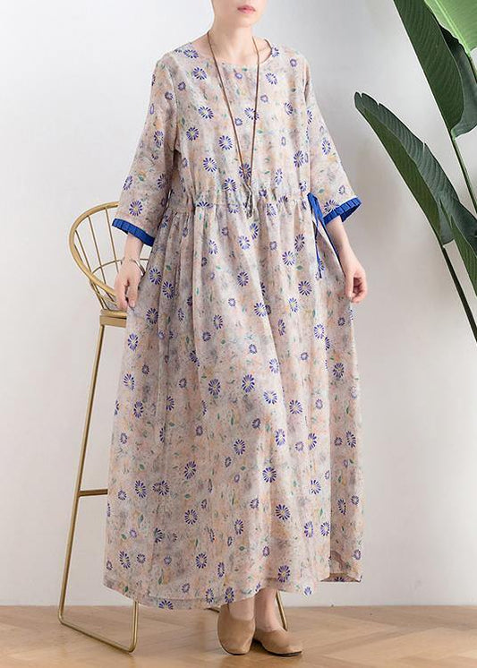 Literary small daisy mid-length dress waist ming 2021 new ramie printed skirt - SooLinen