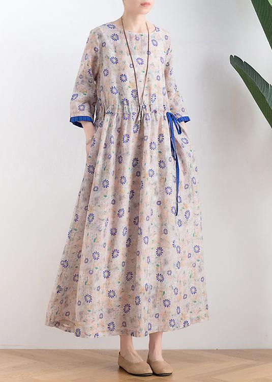Literary small daisy mid-length dress waist ming 2021 new ramie printed skirt - SooLinen