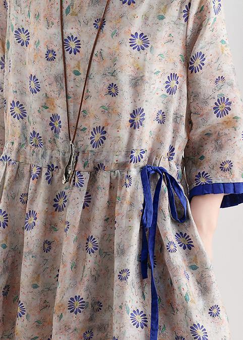 Literary small daisy mid-length dress waist ming 2021 new ramie printed skirt - SooLinen