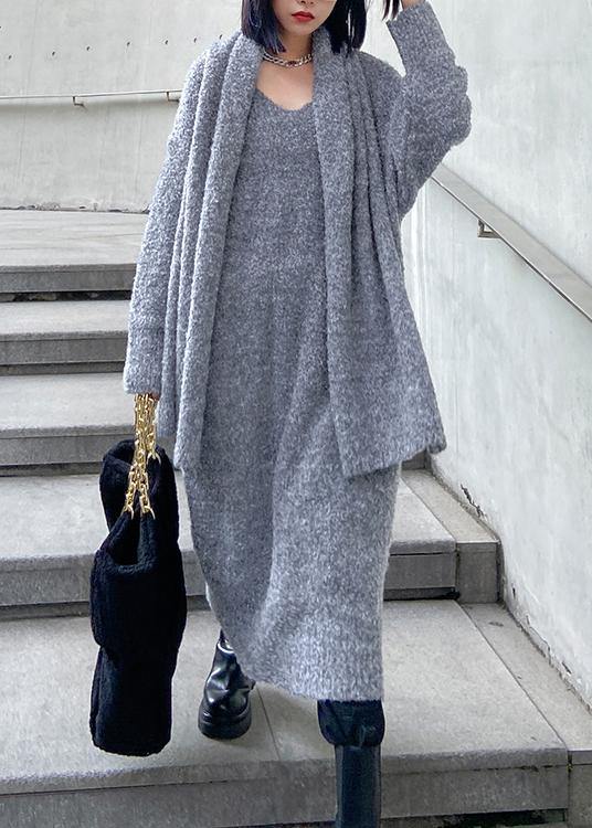 Long woolen dress over the knee thick and loose, bottom with scarf gray knitted dress - SooLinen
