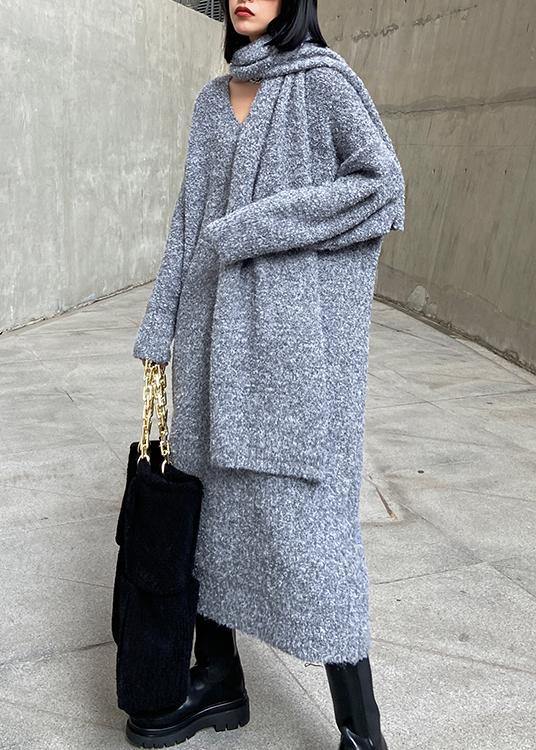 Long woolen dress over the knee thick and loose, bottom with scarf gray knitted dress - SooLinen