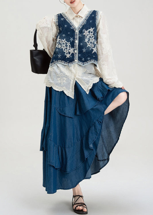 Lockeres, aprikosenfarbenes, besticktes Baumwoll-Dreiteiler-Set mit Knöpfen – ideal für den Frühling