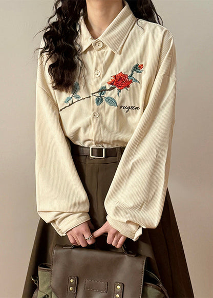 Loose Apricot Embroidered Roses Button Corduroy Blouses Spring
