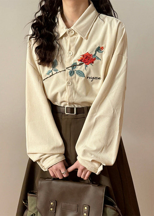 Loose Apricot Embroidered Roses Button Corduroy Blouses Spring