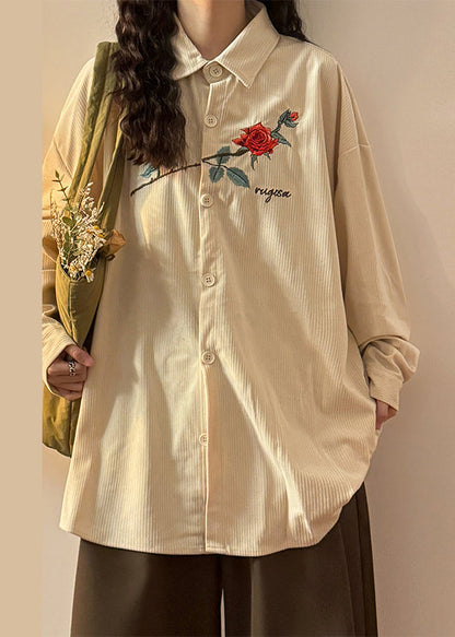 Loose Apricot Embroidered Roses Button Corduroy Blouses Spring
