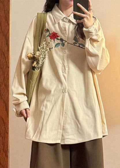 Loose Apricot Embroidered Roses Button Corduroy Blouses Spring