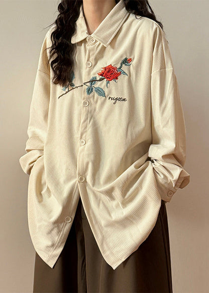Loose Apricot Embroidered Roses Button Corduroy Blouses Spring