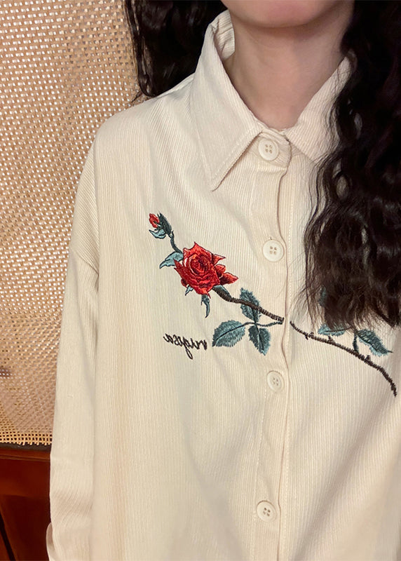 Loose Apricot Embroidered Roses Button Corduroy Blouses Spring