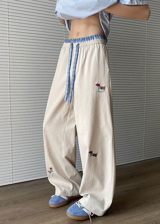 Loose Apricot Embroideried Pockets Drawstring Cotton Mens Pants Summer