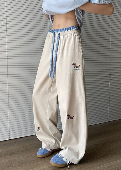 Loose Apricot Embroideried Pockets Drawstring Cotton Mens Pants Summer