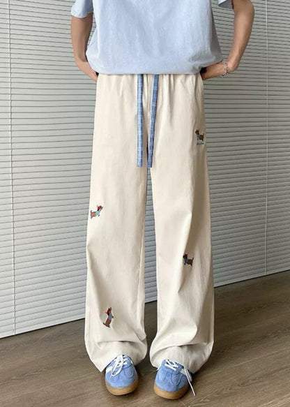 Loose Apricot Embroideried Pockets Drawstring Cotton Mens Pants Summer