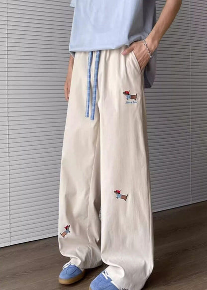 Loose Apricot Embroideried Pockets Drawstring Cotton Mens Pants Summer