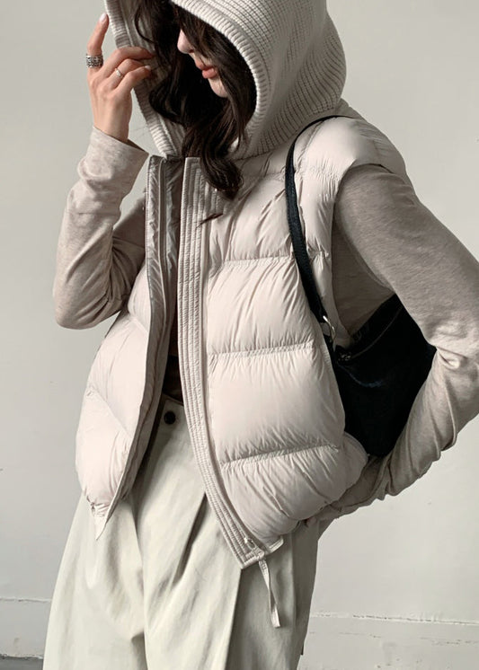 Chaleco holgado de plumón de pato con capucha y cordón ajustable de color albaricoque para invierno