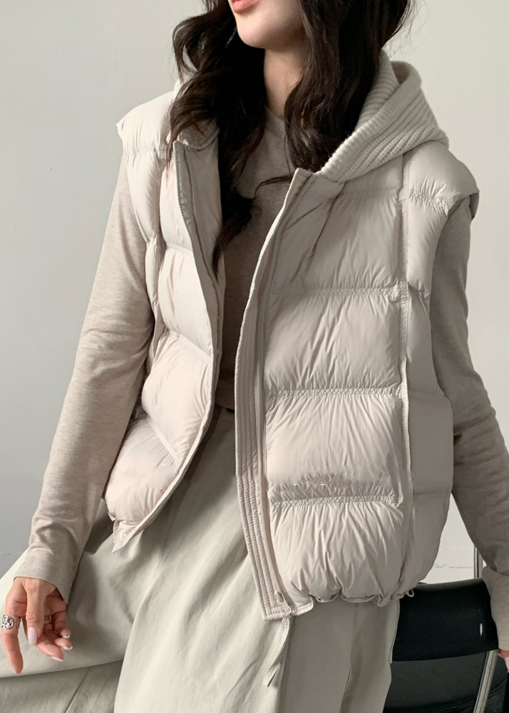 Chaleco holgado de plumón de pato con capucha y cordón ajustable de color albaricoque para invierno