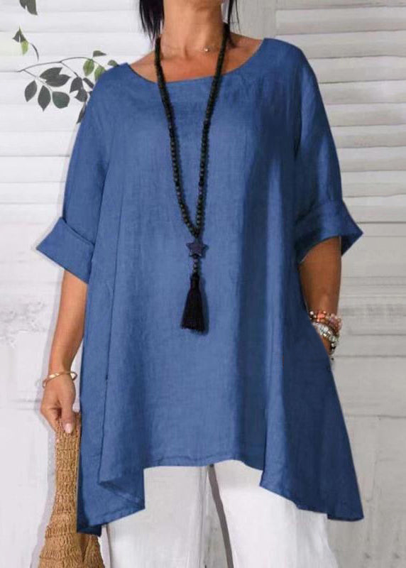 Lose Apricot O-Ausschnitt Taschen Leinen T-Shirts Halbarm