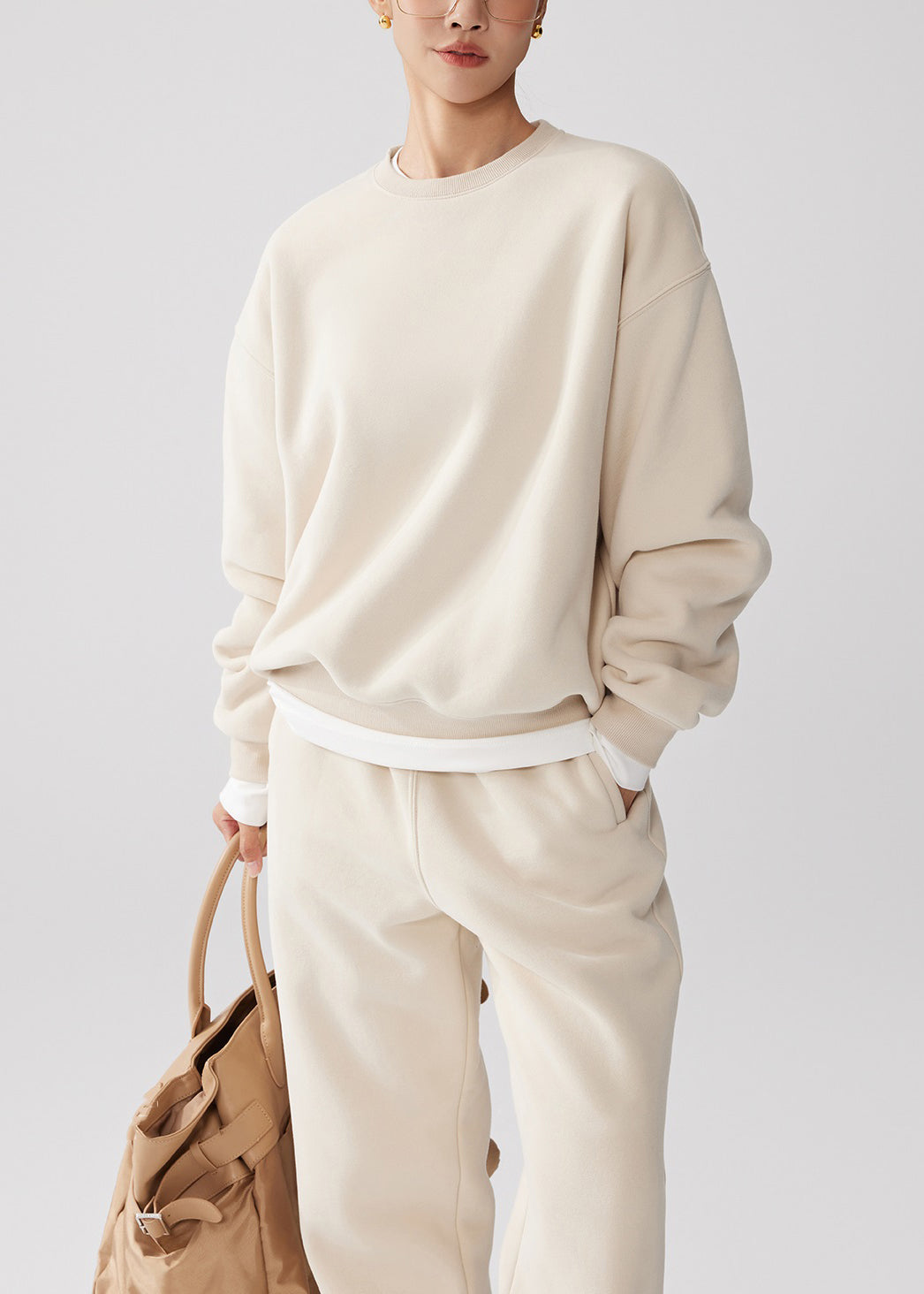 Loose Apricot O Neck Sweatshirt And Pants Warm Fleece Two Piece Set Winter