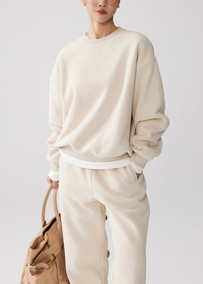 Loose Apricot O Neck Sweatshirt And Pants Warm Fleece Two Piece Set Winter