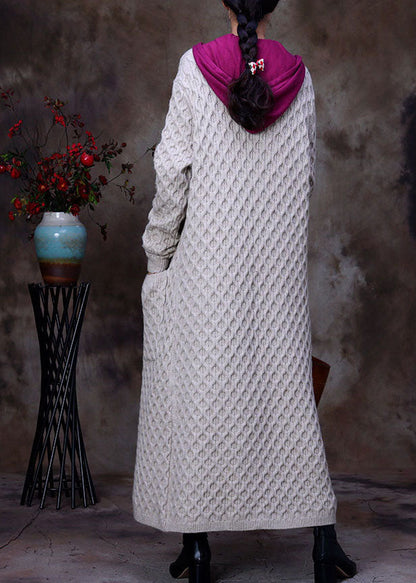 Loose Apricot Pockets Button Knit Fall Sweater Coat