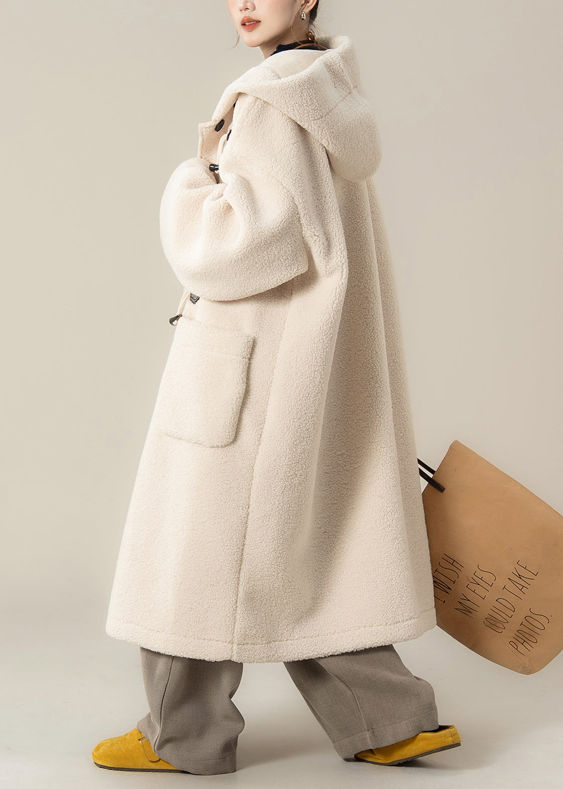 Loose Apricot Pockets Thick Faux Fur Hooded Coats Winter
