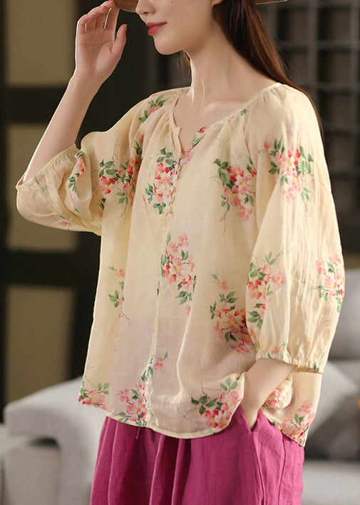 Loose Apricot Print Button Thin Linen Blouses Summer