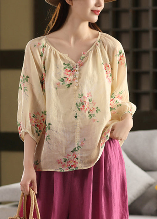 Loose Apricot Print Button Thin Linen Blouses Summer