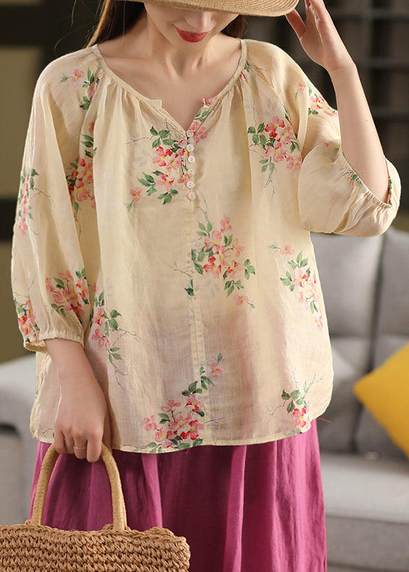 Loose Apricot Print Button Thin Linen Blouses Summer
