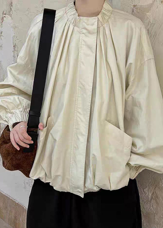 Loose Apricot Stand Collar Pockets Coats Lantern Sleeve