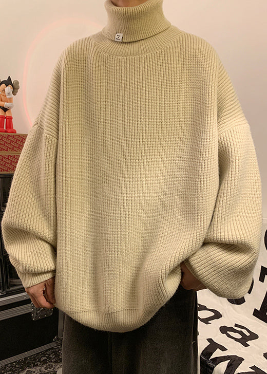 Loose Apricot Turtleneck Thick Knit Mens Sweaters Winter