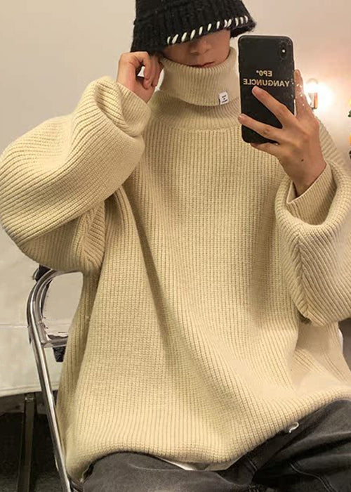 Loose Apricot Turtleneck Thick Knit Mens Sweaters Winter