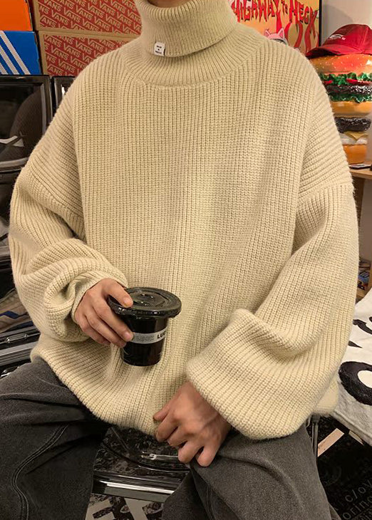 Loose Apricot Turtleneck Thick Knit Mens Sweaters Winter