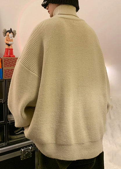 Loose Apricot Turtleneck Thick Knit Mens Sweaters Winter