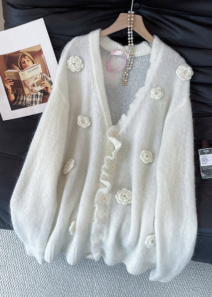 Loose Apricot V Neck Button Floral Knit Cardigan Fall