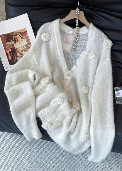Loose Apricot V Neck Button Floral Knit Cardigan Fall