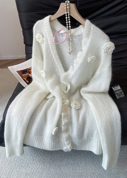 Loose Apricot V Neck Button Floral Knit Cardigan Fall