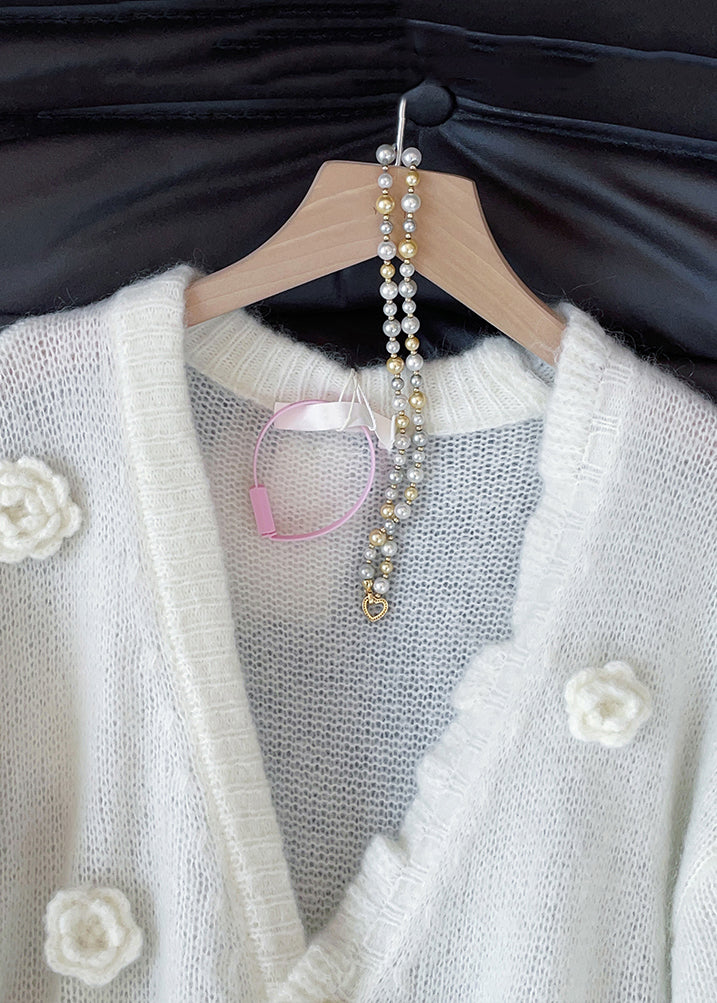 Loose Apricot V Neck Button Floral Knit Cardigan Fall