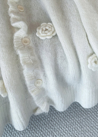 Loose Apricot V Neck Button Floral Knit Cardigan Fall