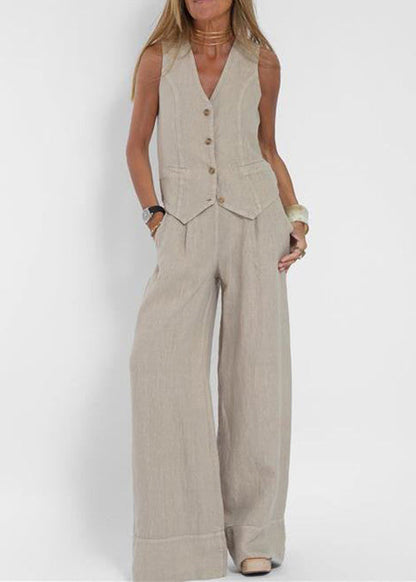 Loose Apricot V Neck Button Linen Two Pieces Set Sleeveless