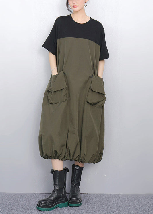 Loose Army Green Pockets Patchwork Dress Summer