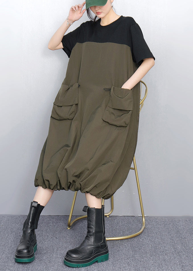 Loose Army Green Pockets Patchwork Dress Summer