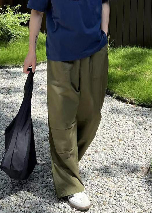 Loose Army Green Pockets Solid Drawstring Cotton Mens Pants Summer