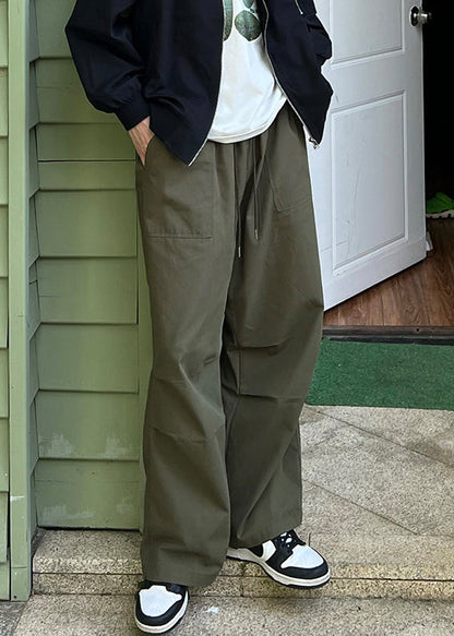 Loose Army Green Pockets Solid Drawstring Cotton Mens Pants Summer