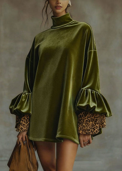 Loose Army Green Turtleneck Leopard Patchwork Velour Mini Dresses Spring