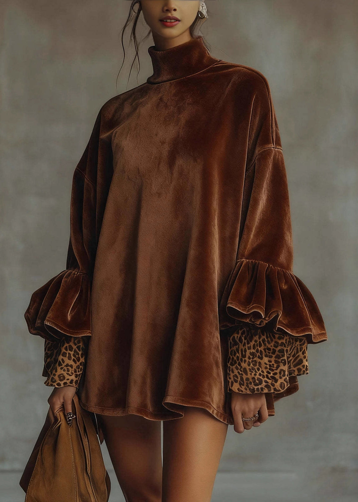 Loose Army Green Turtleneck Leopard Patchwork Velour Mini Dresses Spring