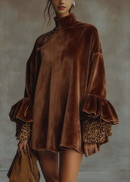 Loose Army Green Turtleneck Leopard Patchwork Velour Mini Dresses Spring