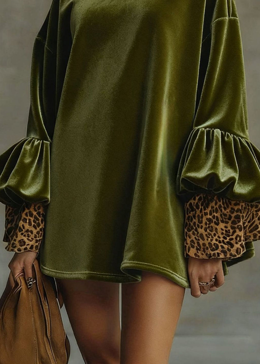 Loose Army Green Turtleneck Leopard Patchwork Velour Mini Dresses Spring