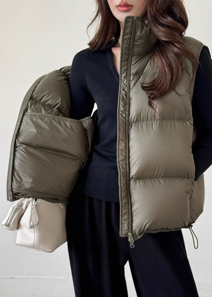 Chaleco holgado de plumón de pato con cordón y cremallera verde militar para invierno