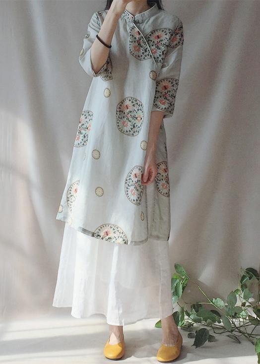 Loose Auspicious Clouds Dress Stand Collar Falf Sleeve Dress - SooLinen