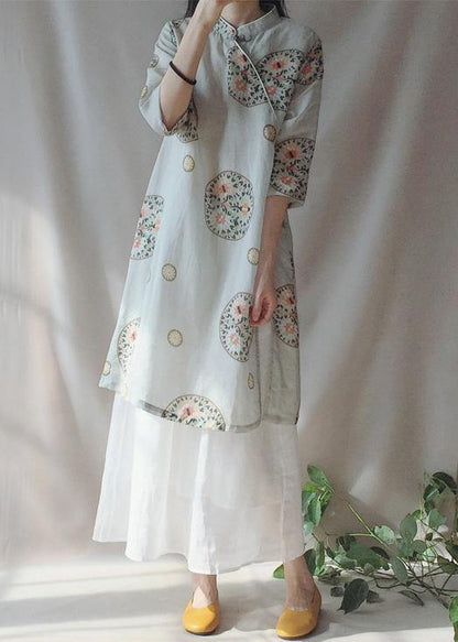 Loose Auspicious Clouds Dress Stand Collar Falf Sleeve Dress - SooLinen