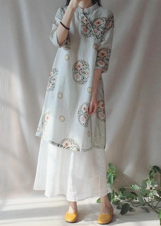 Loose Auspicious Clouds Dress Stand Collar Falf Sleeve Dress - SooLinen